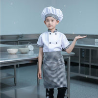 3 Pieces Includes Hat and Apron Kids Chef Costume Double Breasted Jacket Children's Cook Uniform Gingham Trim Kids Baker Costume for Toddlers, School Plays