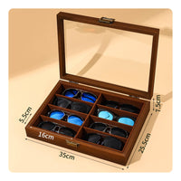 8-Grid Eyewear Organizer Wood Grain Finish Sunglasses Storage Box Clear Lid