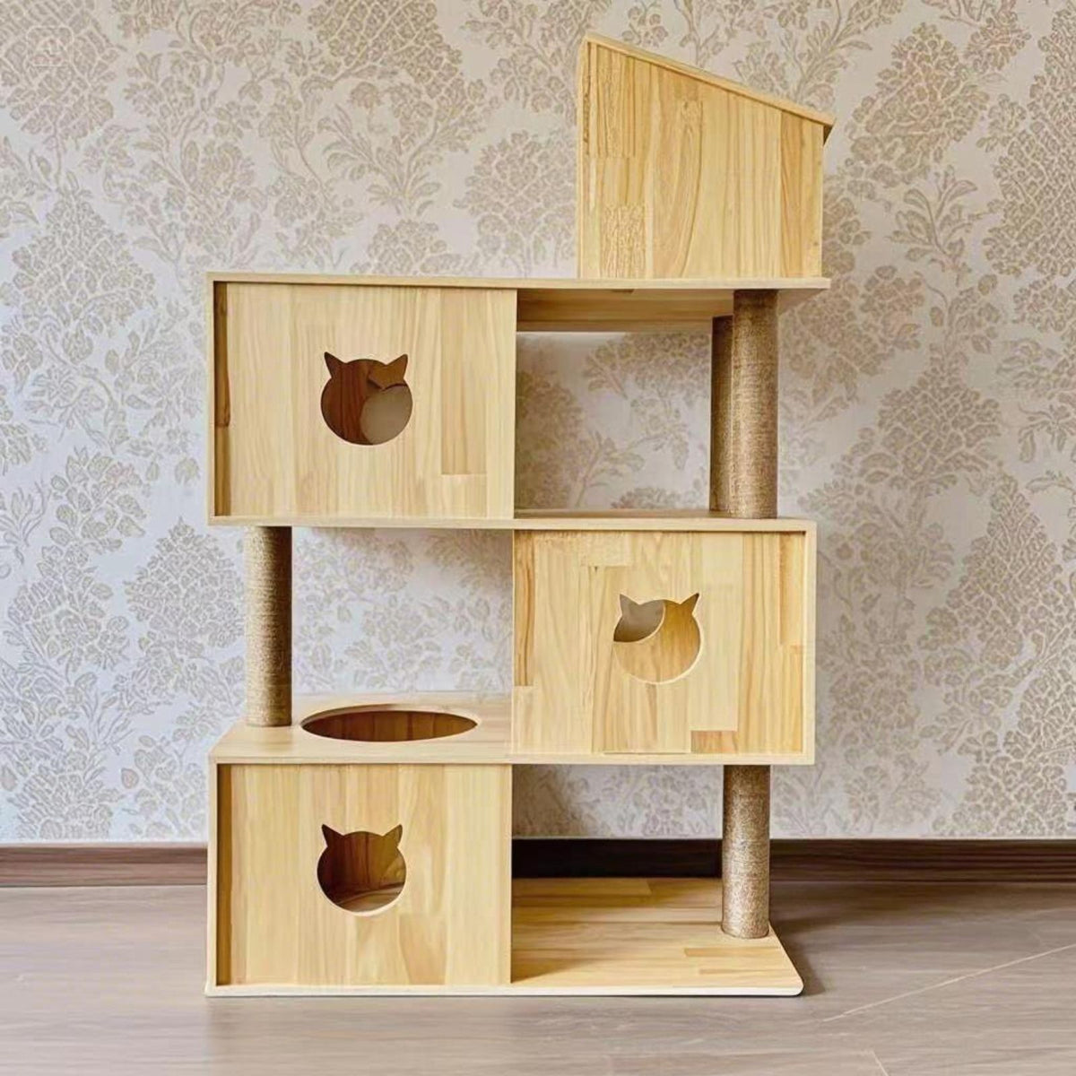 Wood cat tree with condo