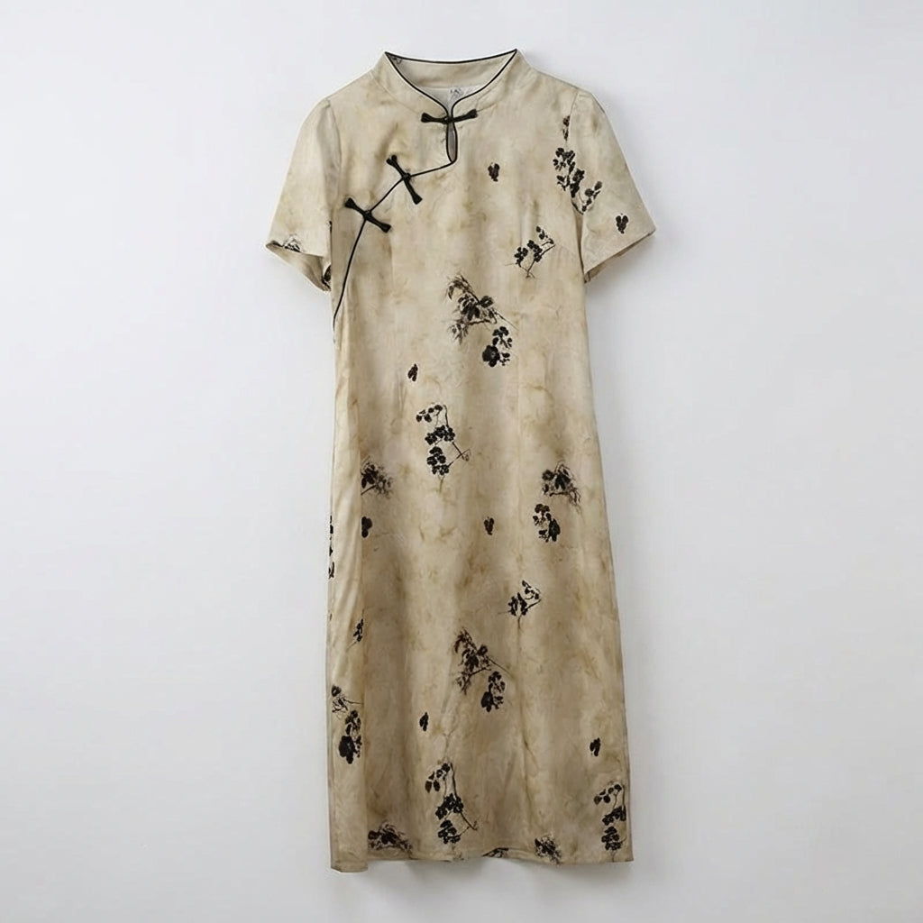 Floral Chinese Cheongsam Dress for Women with Three Quarter Sleeves, Flared Qipao in Textured Crepe for Summer Casual Wear