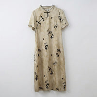 Floral Chinese Cheongsam Dress for Women with Three Quarter Sleeves, Flared Qipao in Textured Crepe for Summer Casual Wear
