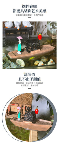 撑伞美女乘船摆件微景观古风人物摆件奇石沙盘假山盆景造景装饰品