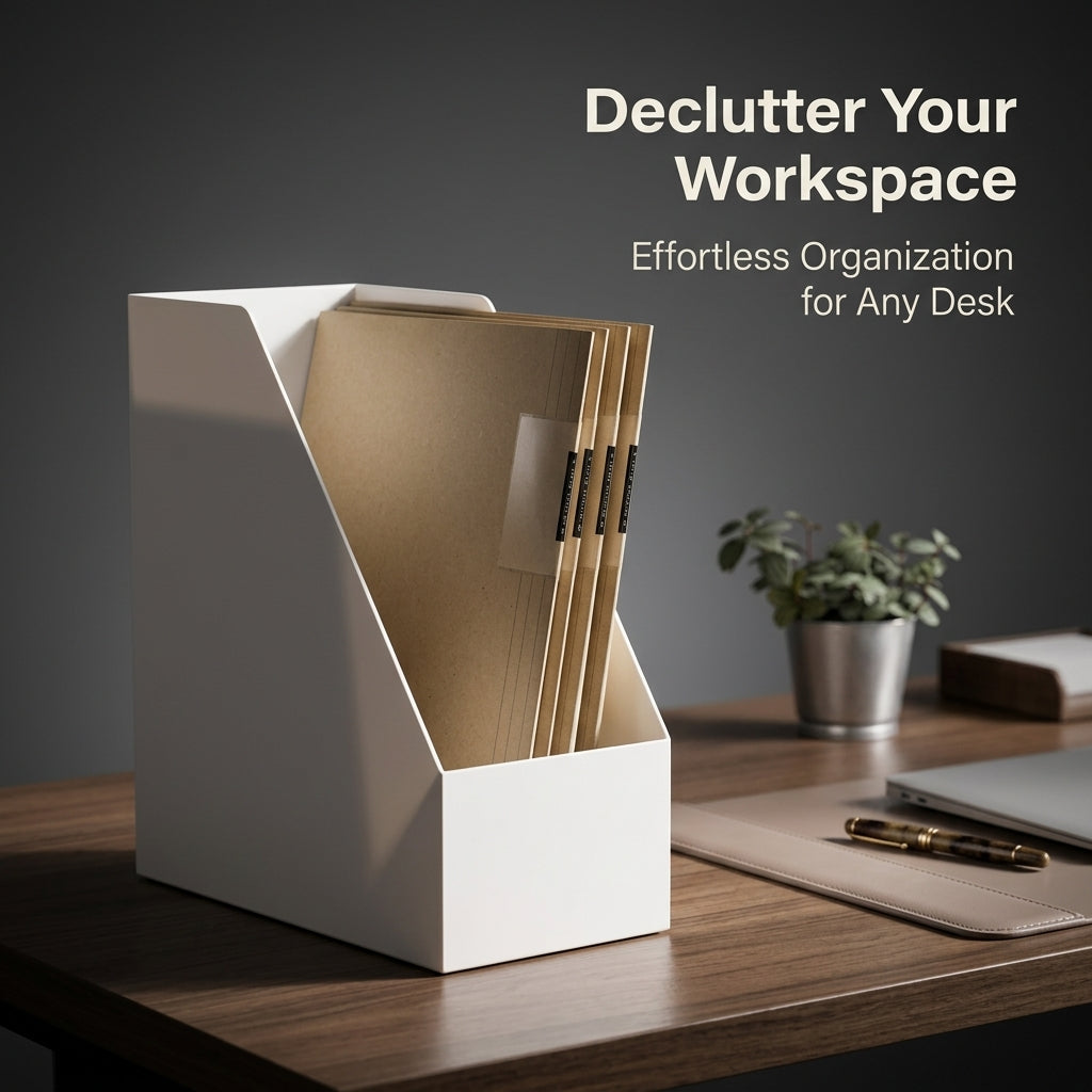 Desk Storage Box with Lid and Slanted File Holder, Desktop Organiser for Office Home, Large Capacity Accessories for Women