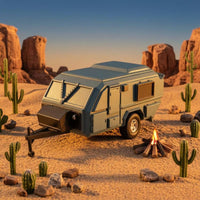 Blue-Gray Rugged-Road Travel Trailer Caravan Model Angular Body Miniature Caravan Model Single Axle Molded Panel Lines