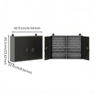Lockable cabinet with adjustable shelves.