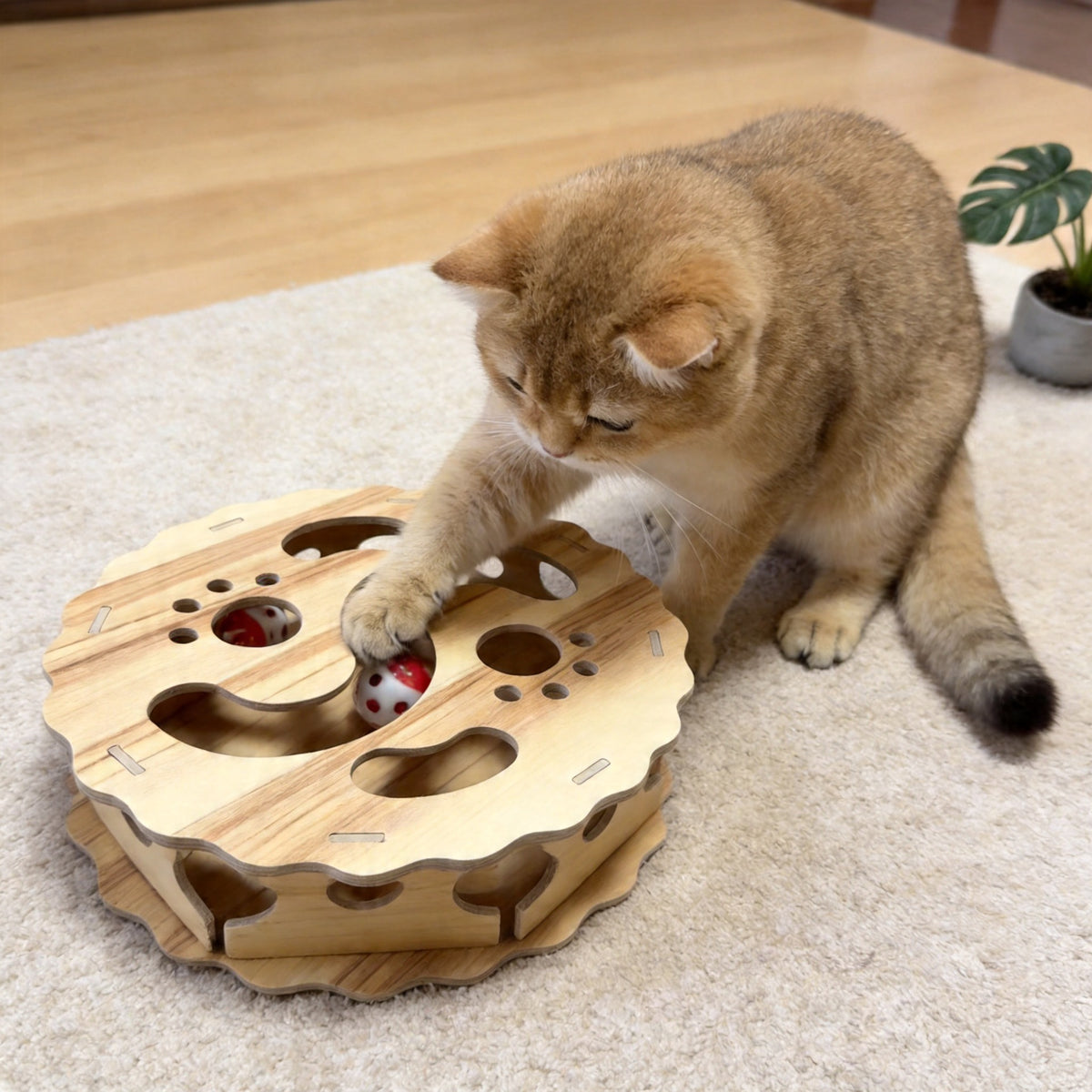 Wooden Cat Toy with Bell Ball, Interactive, Self-Entertainment, No Sawdust