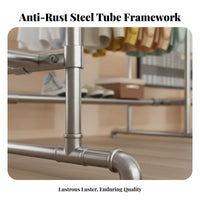 Rolling Dual-rod Garment Rack Heavy-duty Clothing Organizer with Sturdy Rust-resistant Steel Double Rod Design Bottom Storage Shelf Lockable Wheels Windproof Holders for Students Balcony Outdoor Dorm Room Home