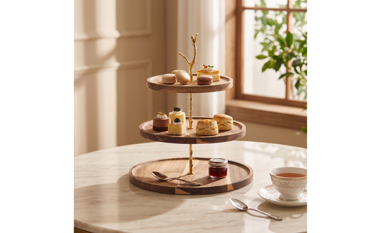 Wooden Display Stand with Metal Support Decorative 3 Layer Display Stand Tiered Serving Tray for Buffet