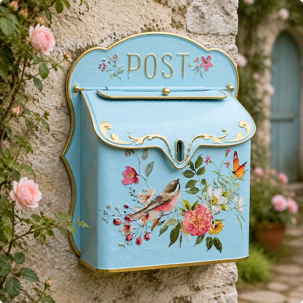 Vintage Metal Mailbox Iron Construction Vintage Post Box Hand-Painted Floral
