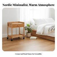 Rolling Nightstand with Drawers Easy to Assemble Bedside Cabinet Multi-Purpose