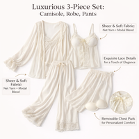 Lace Trim Ladies Pajamas Set with Long Sleeve Robe and Full Length Pants, Three Piece Womens for Home Bedroom Wear, Ice Silk Polyester