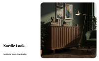 Fluted Door Cupboard Nordic design Sideboard Walnut Color Finish Multi-Functional for Apartment Dwellers, Adults, Kitchen