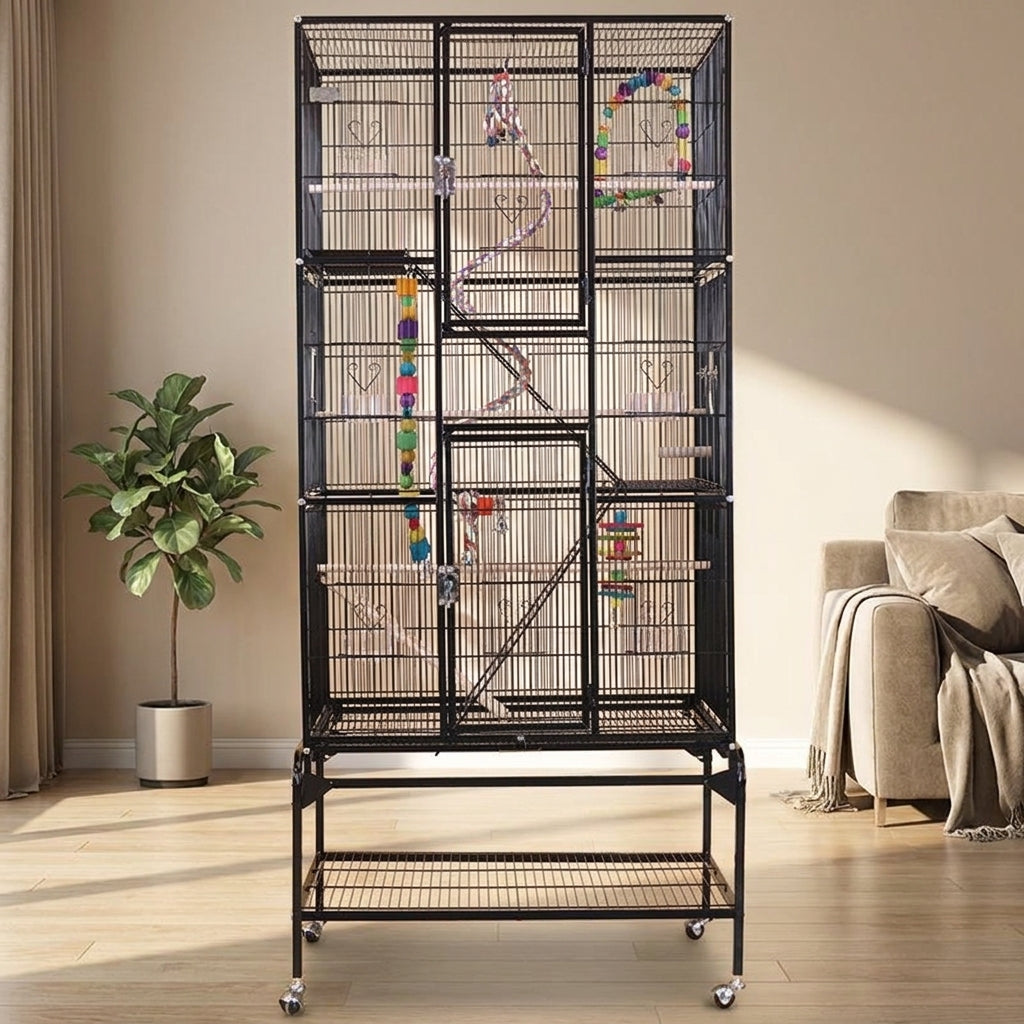 Extra Large Bird Cage for Parrot, Cockatiel Cage with 6 Perches, Multi-Level Tall Spacious Indoor Habitat on Rolling Stand with Storage Shelf