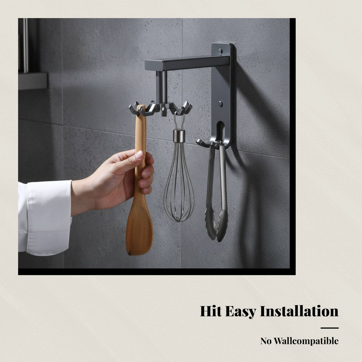 Wall-Mounted Rotating Kitchen Hook Rack, No-Drill, Space-Saving Utensil Storage