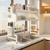 Over Sink Shelf Dish Rack, 2 Tier Carbon Steel Dish Drainer and Kitchen Sink Organiser, Space Saving Home Kitchen Counter Storage with Holders
