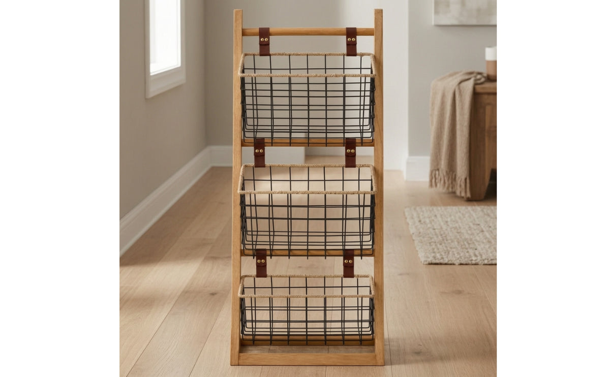 Wooden Rack with Wire Baskets Versatile Storage Rack with Baskets Sturdy Basket Stand, for Reading Corner