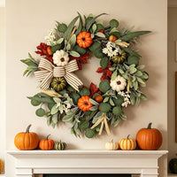 Artificial Pumpkin Wreath with Lamb's Ear Leaves for Fall Thanksgiving Christmas