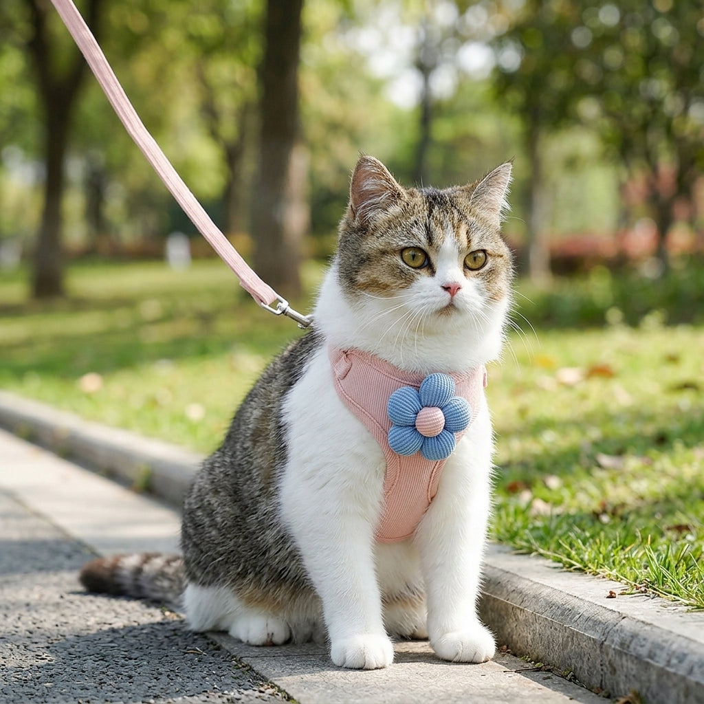 Cat Harness and Dog Leash Set with Flower Applique, 180cm Non-Retractable Dog Harness and Cat Leash for Small Cats or Dogs Outdoor Walking