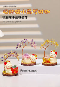 Lucky Cat Natural Crystal Money Tree Figurine, Cute Cat Desk Decor for Home and Office