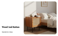 Rattan-Front Nightstand Japanese Design Bedside Table Sturdy Wood Legs Minimalist Design for Adults, Bedroom, Living Room