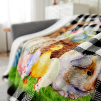 Easter Fleece Throw Blanket Soft Flannel Buffalo Check Bunny Bed Throw Watercolour Animal Print Spring Sofa Cover for Living Room Bedroom Kids Gift