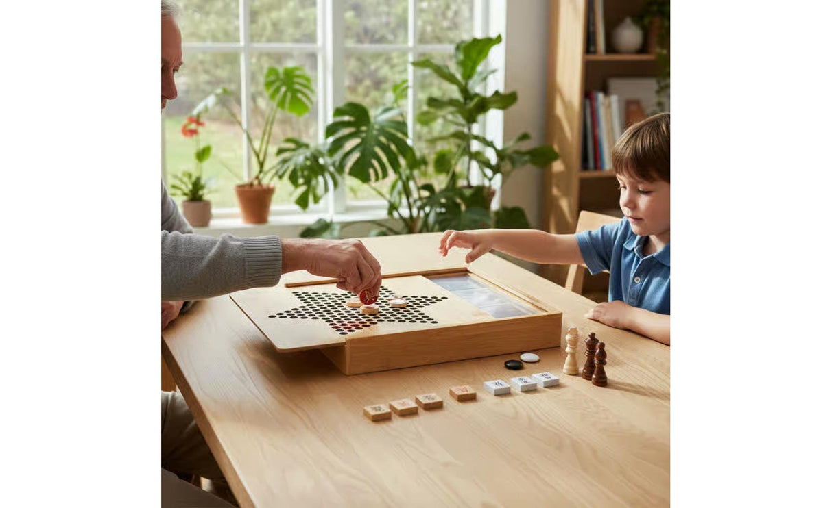 Bamboo Game Board with Storage Interchangeable Boards Wooden Board Game Collection for Home Entertainment