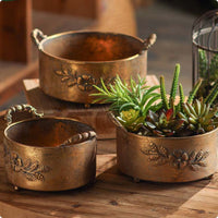3 Pieces Antique Flower Pot Set Double Handle Embossed Pot Garden Decor for Balcony