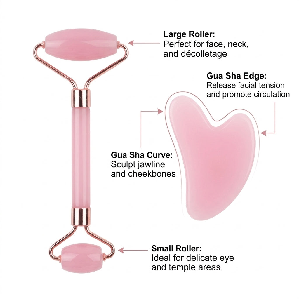 Facial Massage Roller and Gua Sha Two Piece Set, Stone for Skincare Routine, Debloat Tool with Windowed Gift Box for Women