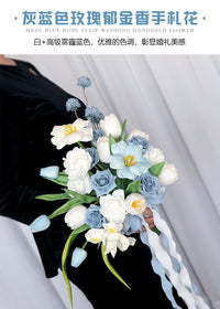 Vintage Gray-Blue Rose and Tulip Wedding Bouquet for Bride Photo Shoot