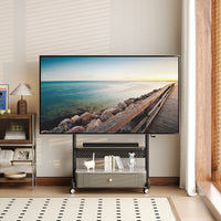 Mobile TV Stand Cart Cabinet Drawer Rolling Television Shelf Adjustable Height Storage Hand Crank Locking Brakes Suitable for Renters Small Areas Conference Room Exposition Show