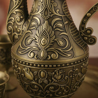 Liquor Service Set with Tray Embossed Ewer Set with Cups Ornate for Collectors