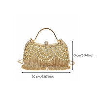 Wrist Strap Rhinestone Fringe Clutch Glamorous Beaded Wristlet Purse Gold Frame for Banquet, Wedding