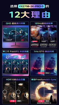 优派27英寸2K185hz电竞游戏显示器满血电竞小金刚VX2758-2K-PRO-5 VX27G81J-2K-W 27寸 2K Fast IPS屏 210HZ HDR400 硬件低蓝光 带升降旋转 官方标配