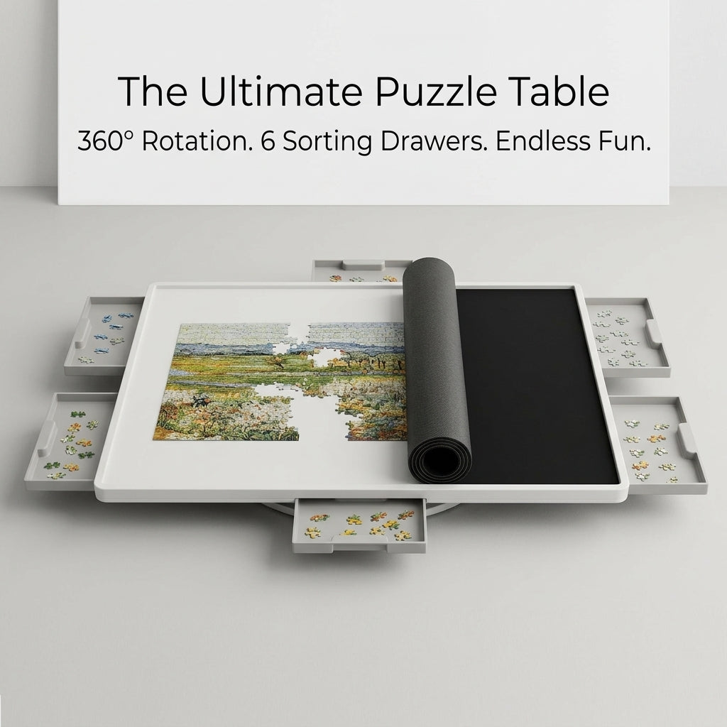 Rotating Puzzle Table with 6 Drawers for Family Games and Adults, Large Indoor Work Surface with Turntable, Storage Compartments