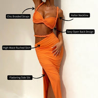 Swimsuits for Women with Backless Halterneck Design for Seaside Vacations, Stylish 2-Piece Featuring a Matching Long Skirt