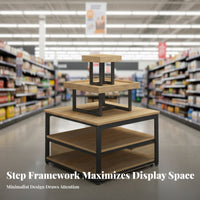 Long-Lasting Construction Tiered Island Display Stable Steel Frame Multi-Level Merchandise Table Wear-Resistant Surface Retail Gondola Shelving Unit Versatile for Shopkeepers, Small Business Owners, Supermarkets, Shopping Malls, Trade Exhibit S