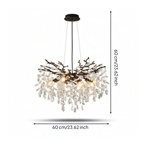 Black Chandelier with Crystal Pendants Dimmable Branch Chandelier Organic Ceiling Light Fixture Clear for Dining Room, Bedroom