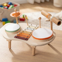 Music Table with Mallets Natural Wood Musical Instrument Set Wooden Activity Table Safe Toy Drum Set Screen-Free for Toddlers