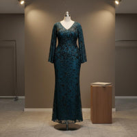 Sequin Mermaid Gown Stretch Material Long Sleeve Sequin Dress Plunging Neckline