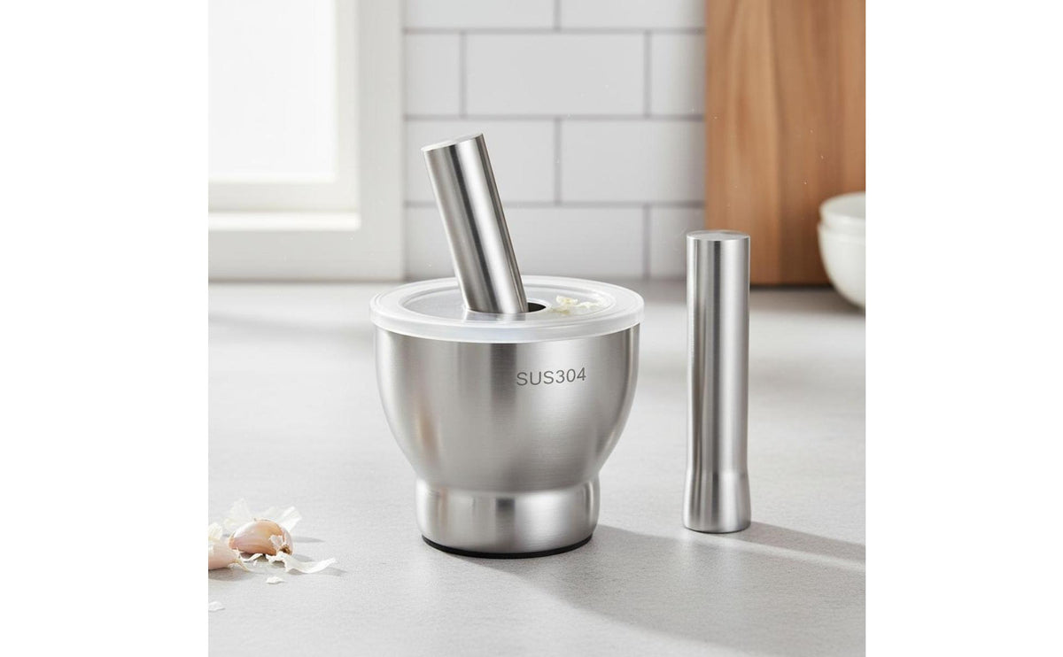Stainless Steel Mortar and Pestle Set Heavy Duty Construction Stainless Steel Mortar and Pestle Non-Porous Surface Manual Garlic Crusher Bowl