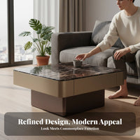 Rectangular Wooden Stand with Drawers Marble Pattern Top Tea Table Minimalist Design Ample Storage Space for Adults, Lounge Area