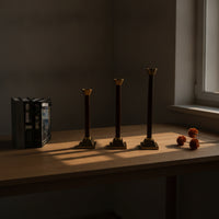 3 Pieces Modern-Retro Taper Candle Holder Brass-Colored Taper Candle Holder with Metal Cup Slim Candlestick with Wooden Stem Tapered for Tabletop, Dining Table, Mantel