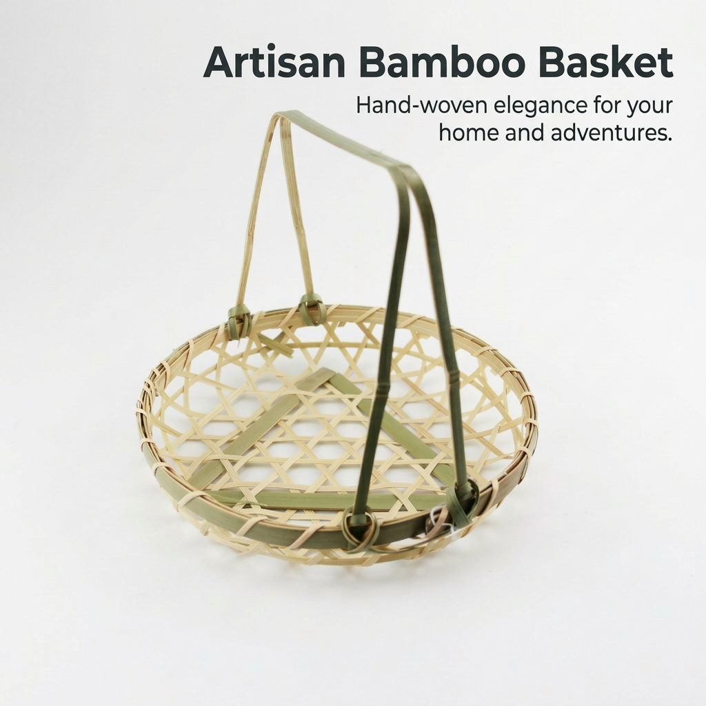 Handmade Woven Bamboo Basket for Fruit Vegetable Organizing, Eco Conscious Storage Basket with Handles Portable, Artisanal Fruit and Vegetable Basket