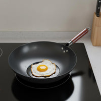Nitrided Iron Pan Nitriding Treated Flat Bottom Wok Handmade Uncoated Iron Wok for Home Cooks, Gas Stoves