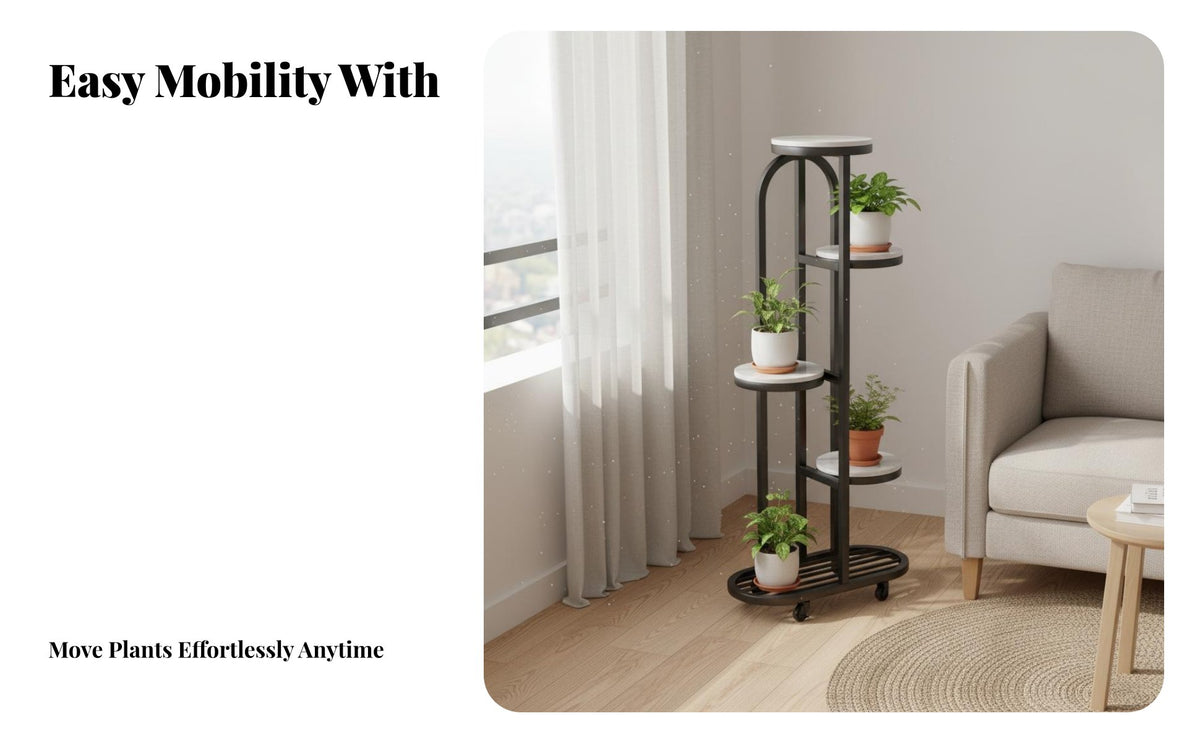 Movable with Wheels Multi-Tier Plant Stand Decorative Rolling Flower Pot Rack Sturdy Construction Mobile Plant Shelf Stable Load-Bearing for Living Room, Balcony, Indoor