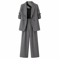 Women's Trouser Suits for Work Wear with Long Sleeve Jacket and Wide Leg Trousers, Ladies Leisure Sets in Polyester Material