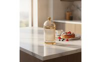 Gold-Toned Fruit Fork Holder with Lid Decorative Dessert Fork Storage Container Ribbed Utensil Holder with Lid Dustproof for Hosts, Homeowners, Dining Table, Kitchen Countertop