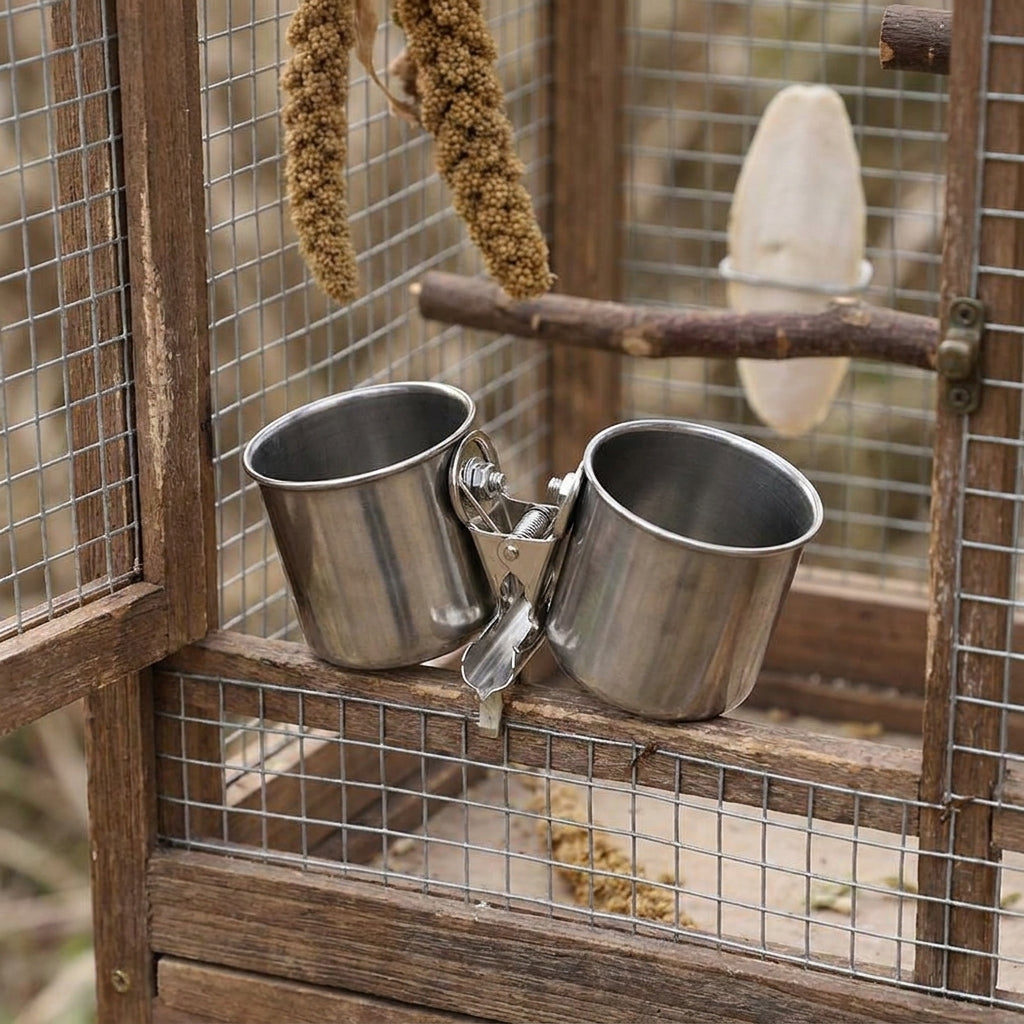 Parrot Feeder Stainless metal avian Bowl with Rolled Edge, avian Food Cup and Parrot Water Bowl with Clamp Holder for Cockatiel Feeder
