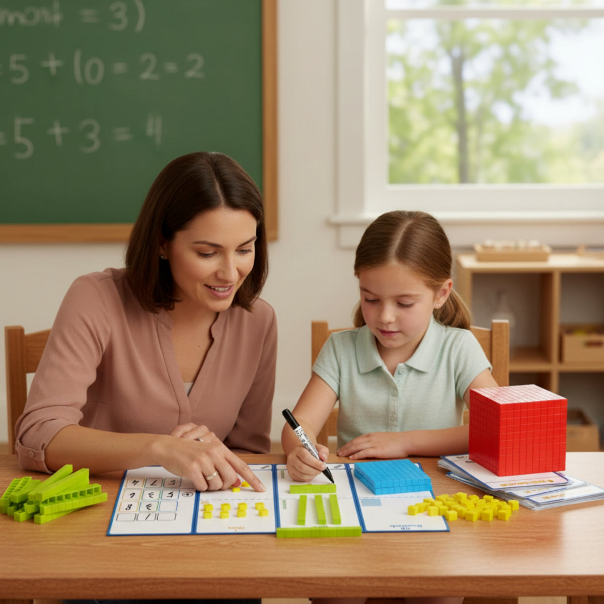 Child-Centered-Style Base Ten Blocks with Place Value Chart Hands-on Math Teaching Set with Board Erasable Base Ten Blocks with Writing Mat Plastic for Teachers, Homeschoolers, Kids, Classroom, Homeschool