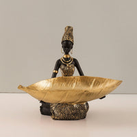 Figurine with Tray Black and Gold Catchall Tray Statue Resin Sculpture Unique for Entryway, Console Table